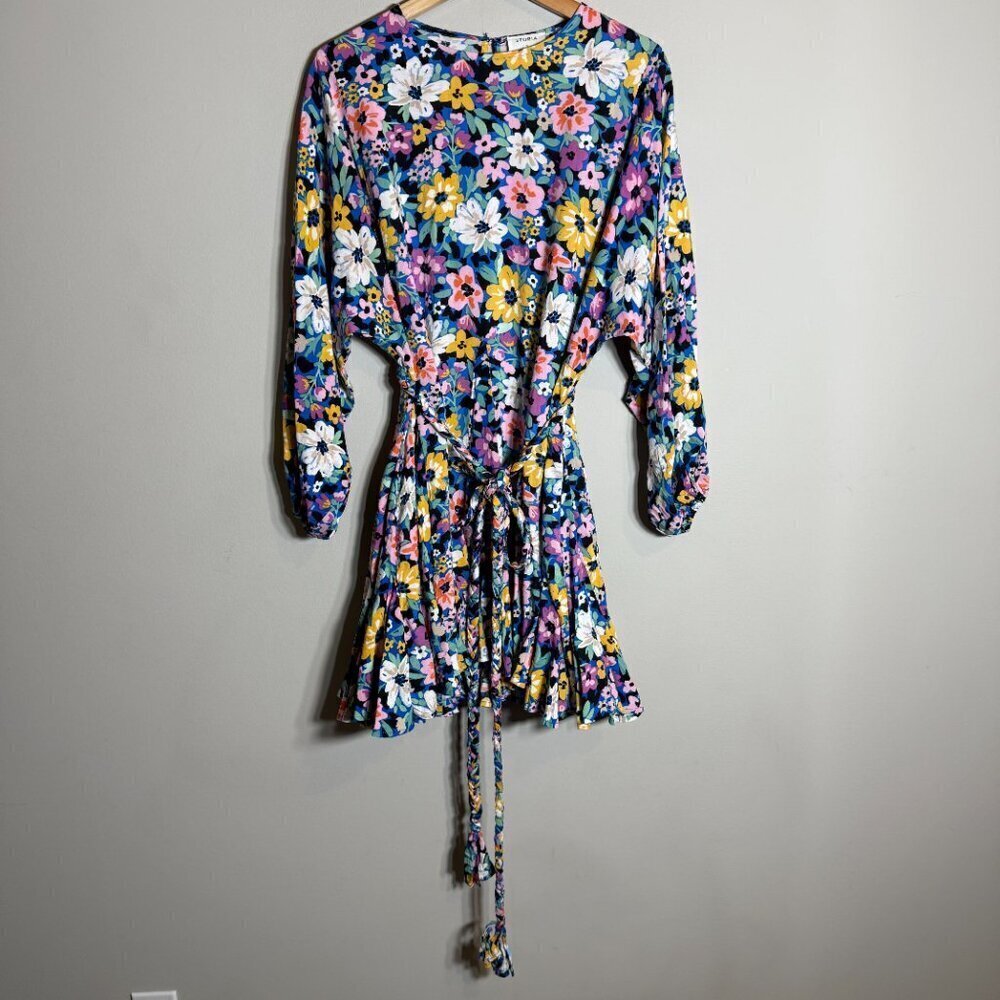 Storia Balloon Sleeve Floral Mini Swing Dress Women's Small Multicolor Belted - Picture 4 of 13